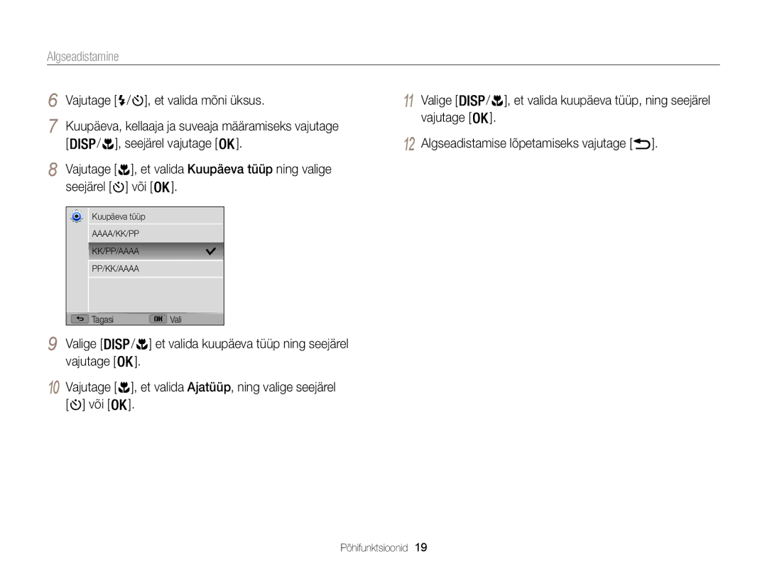 Samsung EC-WB100ZBABE2, EC-WB100ZBARE2 manual Algseadistamine, Vajutage / , et valida mõni üksus,  / , seejärel vajutage 